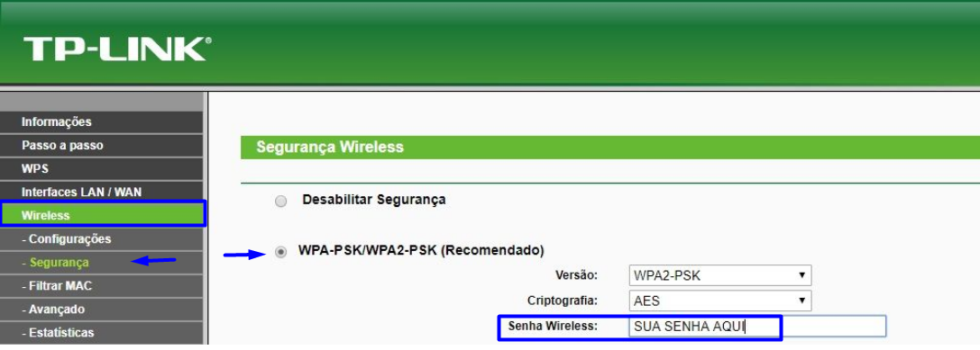 Imagem mostra e tela de configuração Wireless do roteador Tp-Link de acesso pelo IP 192.168.1.1 ou 192.168.0.1