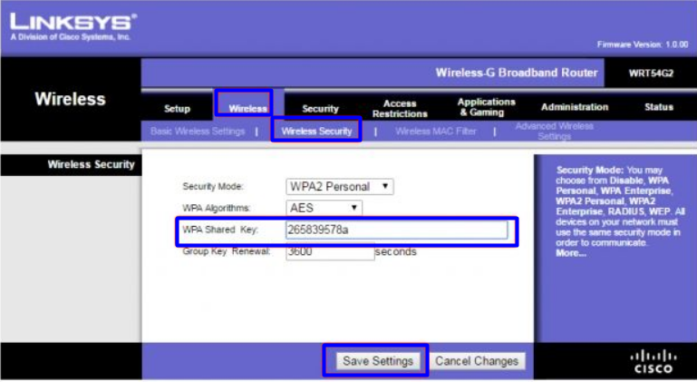 Imagem mostra tela wireless da letra  do roteador LinkSys