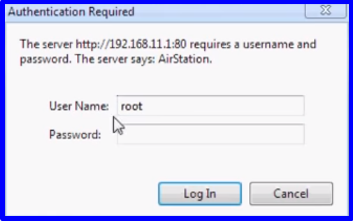 Tela de autenticação do roteador buffalo de endereço 192.168.11.1 e User name root