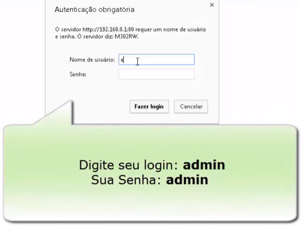 Imagem mostra a tela de login do administrador da rede no roteador modelo pixel Ti M302RW