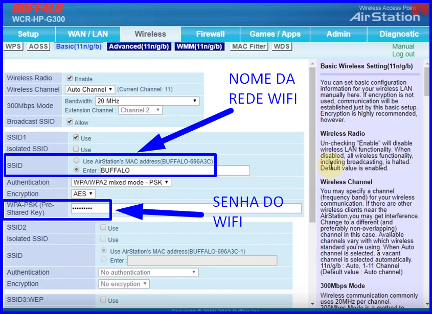 Imagem mostra onde se deve colocar o nome e a senha da rede wifi no roteador buffalo