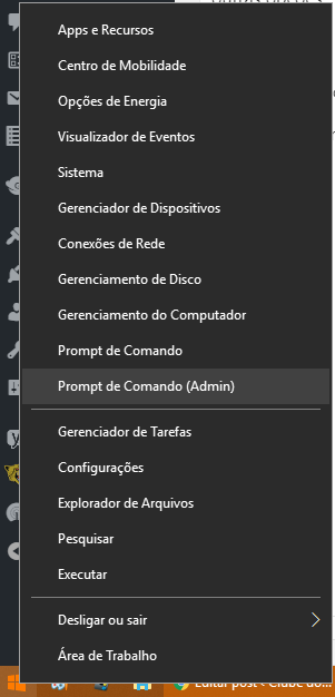 Imagem mostra a opção Prompt de Comando Selecionada do menu iniciar do Windows quando clicado com o botão direito do mouse para ver o gateway padrão 192.168.1.1