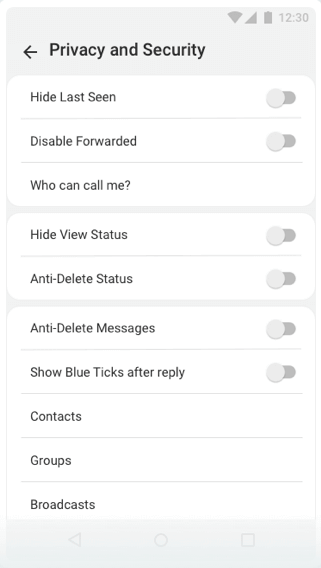 Imagem mostra opção aprimoradas de privacidade e segurança no GB WhatsApp última versão
