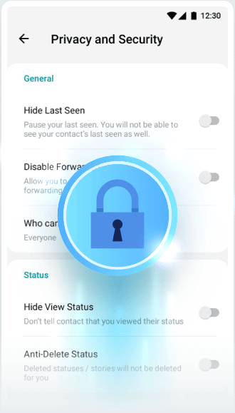 Imagem mostra whatsapp gb com opções de privacidade e segurança